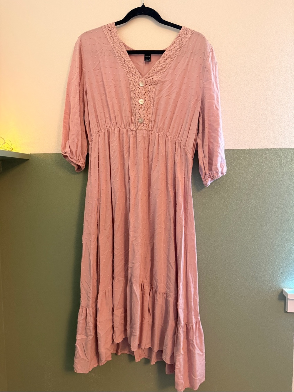 SHEIN Dusty Pink V‑Neck High‑Low Midi Dress with Button Front